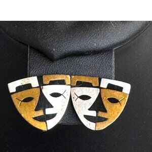 Taxco Multi Metal Face Fish Sterling Silver Brass Comedy Mask Earrings Screwback